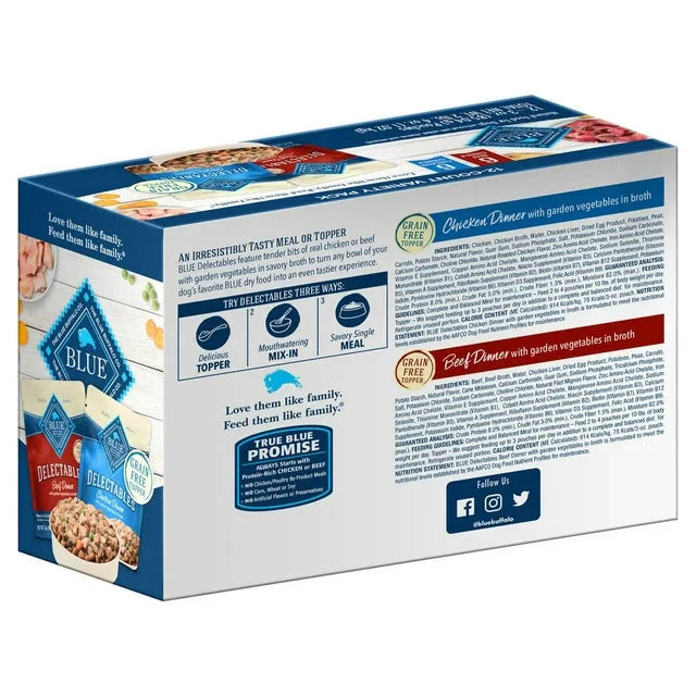 Blue Buffalo Delectables Topper Chicken & Beef In Gravy Wet Dog Food Variety Pack for Adult Dogs, Grain-Free, 3 oz. Pouches (12 Pack) - Amado Deals - wholesale and distributors with free shipping in United States Blue Buffalo Delectables Topper Chicken & Beef In Gravy Wet Dog Food Variety Pack for Adult Dogs, Grain-Free, 3 oz. Pouches (12 Pack) - Amado Deals - wholesale and distributors with free shipping in United States